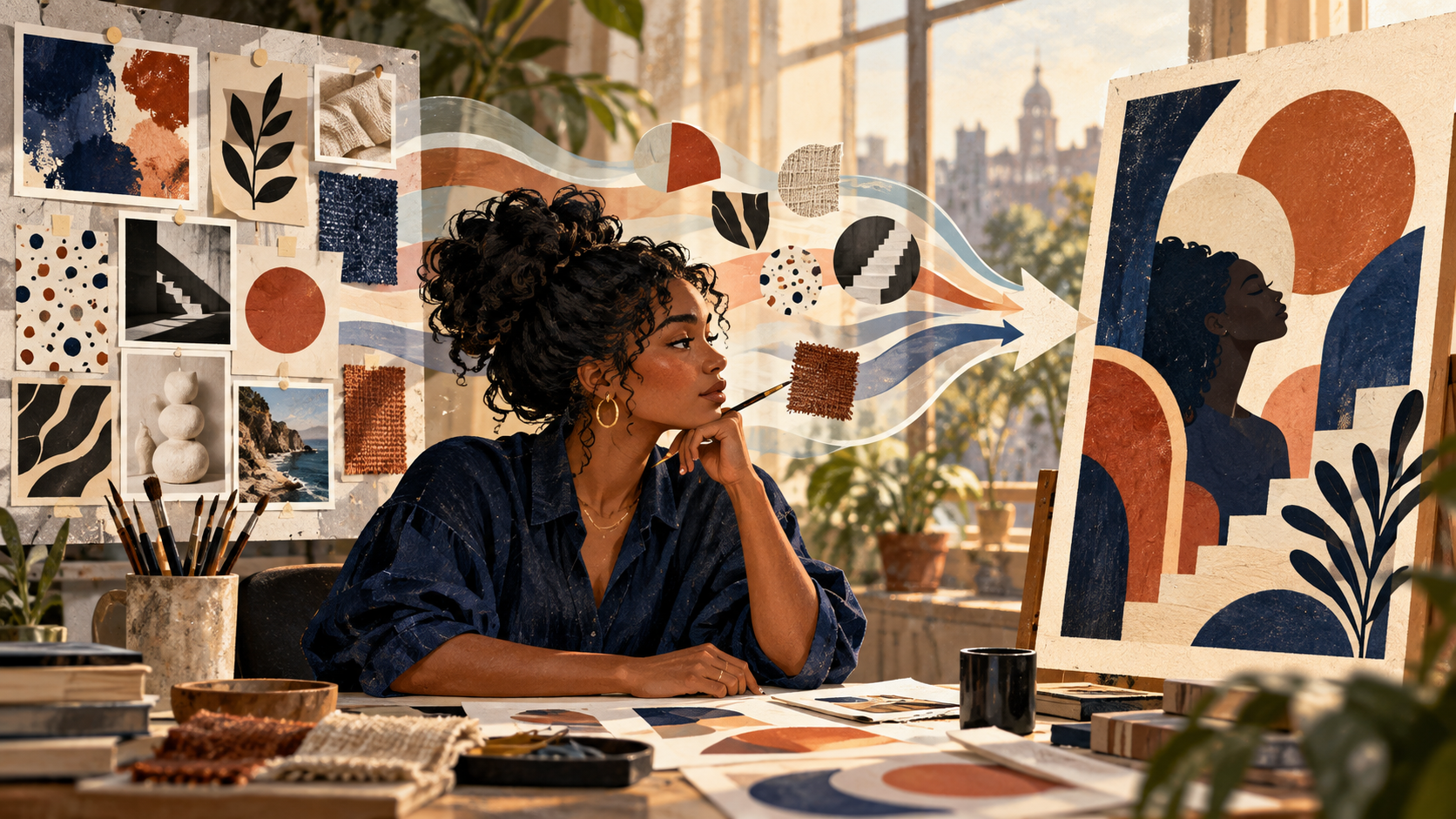 Conceptual AI illustration of a Black woman creator transforming a board of varied references into a distinct original artwork