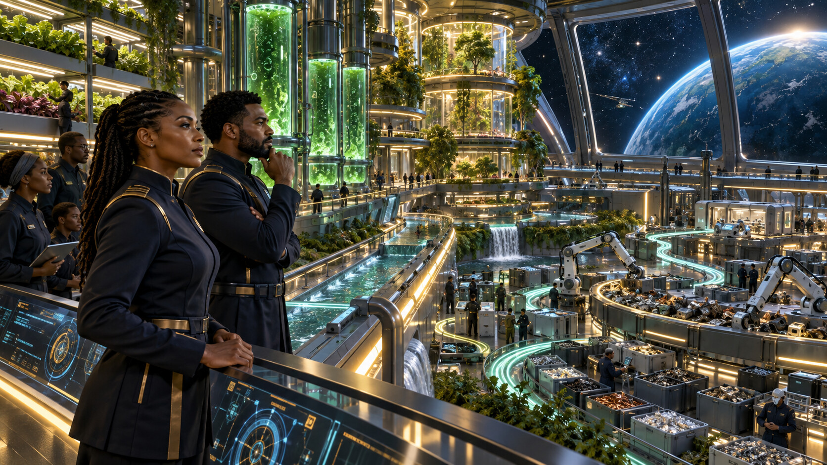 Conceptual science-fiction illustration of Black starship commanders overlooking hydroponic gardens, algae bioreactors, water-recovery channels and robotic material sorting