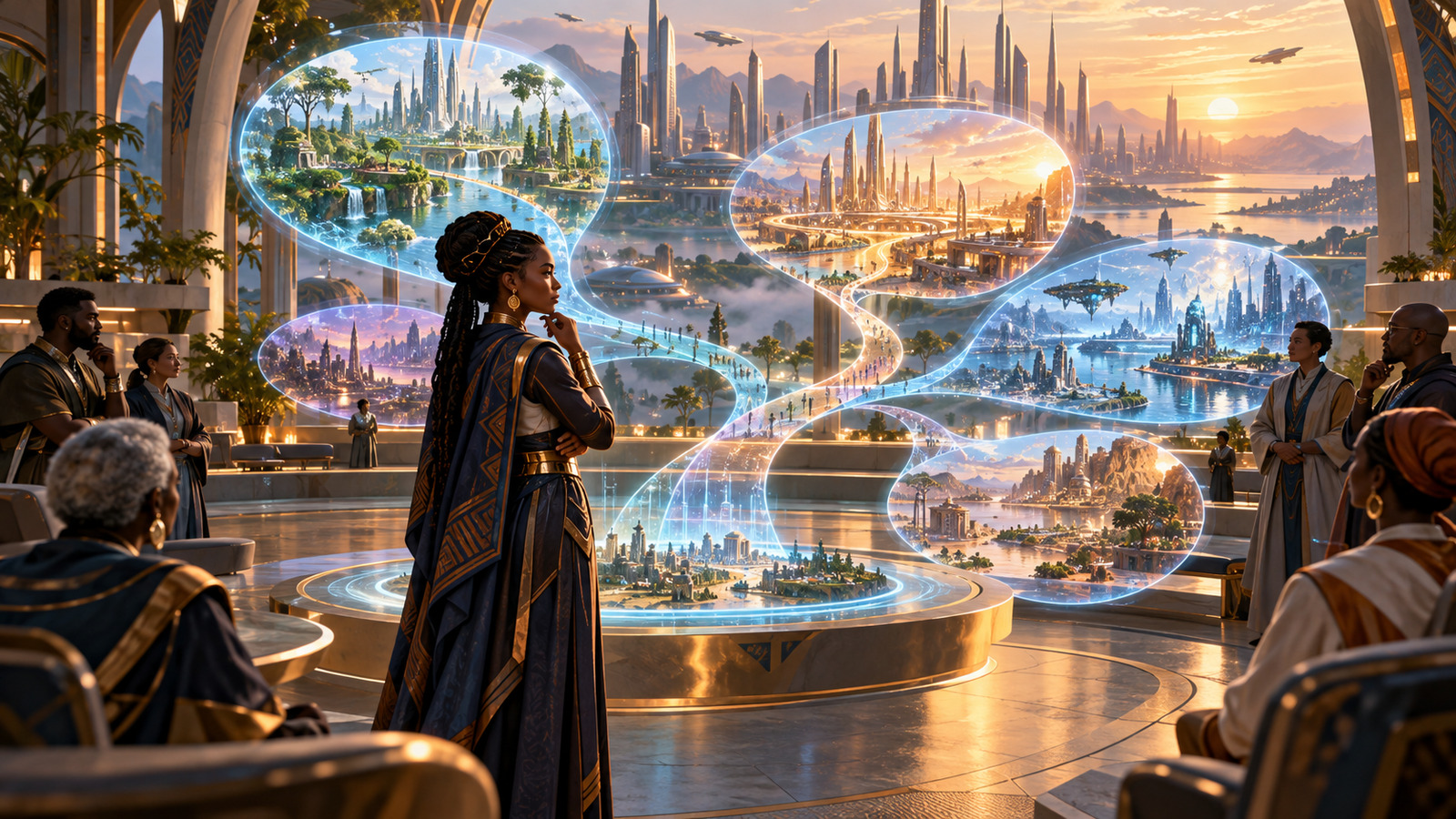 Conceptual AI illustration of a Black woman futurist in a planetary civic chamber examining several branching visions of a city’s possible futures.