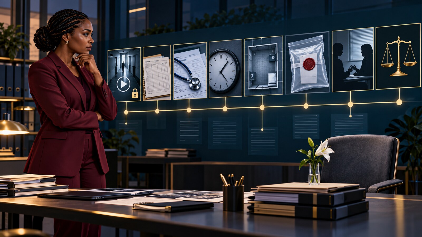 Conceptual AI illustration of an independent investigator reviewing CCTV, custody logs, medical records, timelines, witness evidence and oversight after a death in custody.