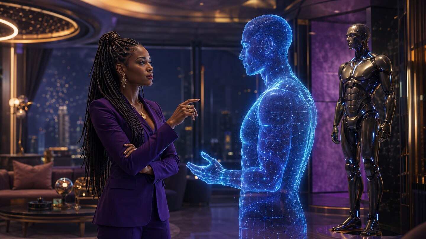 Black female futurist speaking with a male holographic AI while a humanoid robotic body waits behind them