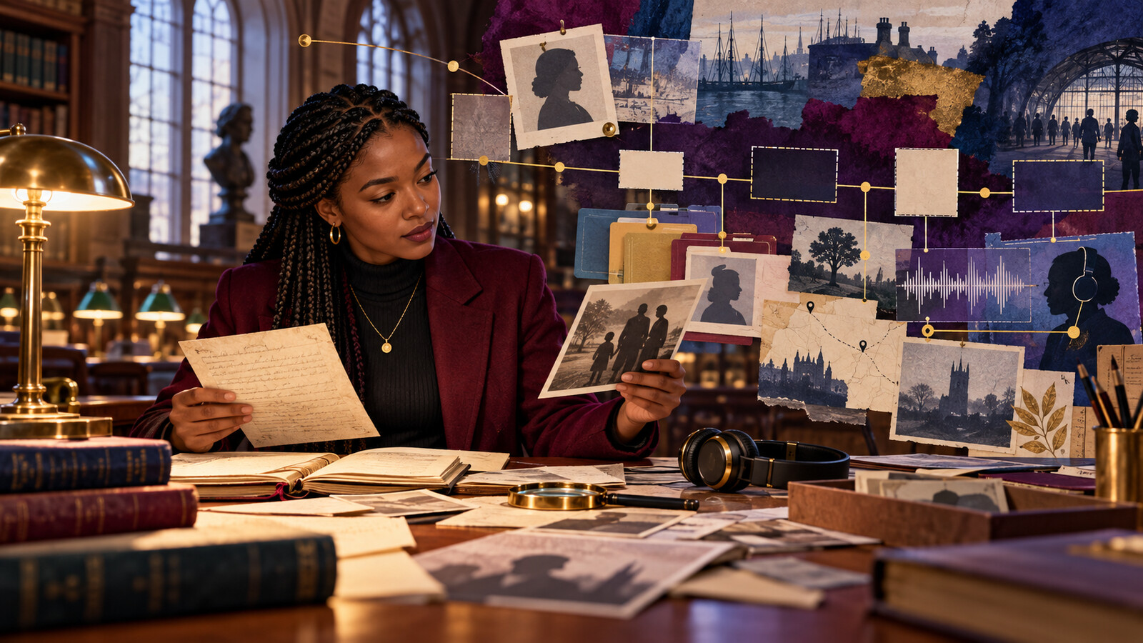Conceptual AI illustration of a Black British woman with braids comparing letters, family photographs and an audio recording in an archive, beside a timeline with deliberate gaps.