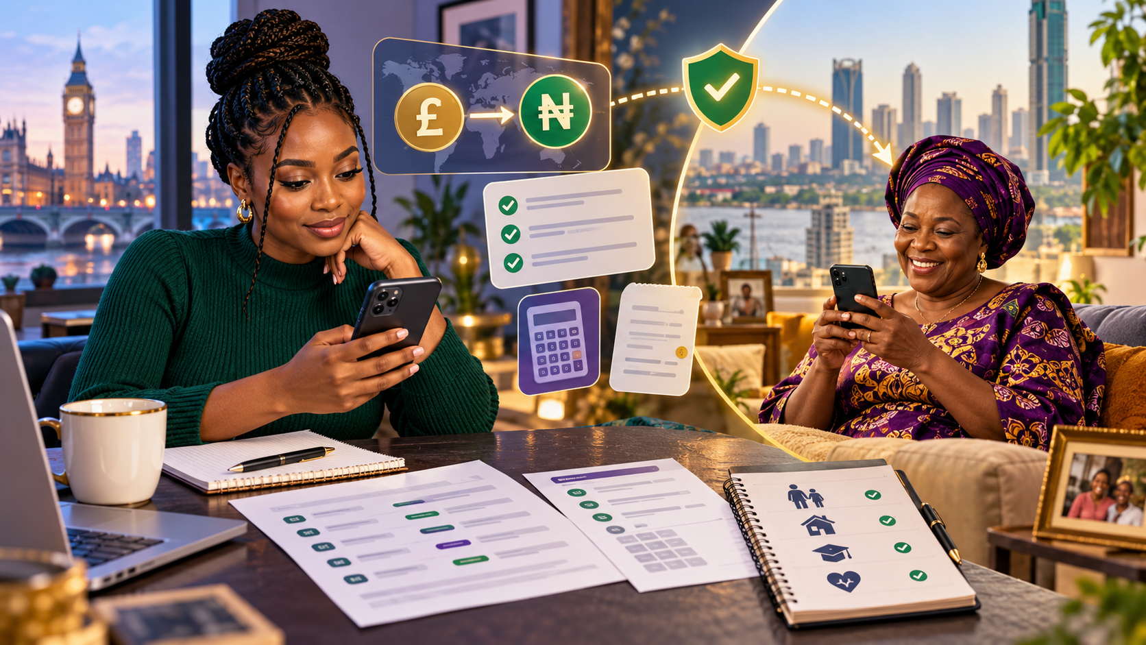 Conceptual AI illustration of a Black British-Nigerian woman comparing transfer costs in London while an older Nigerian woman receives funds safely through a verified digital route