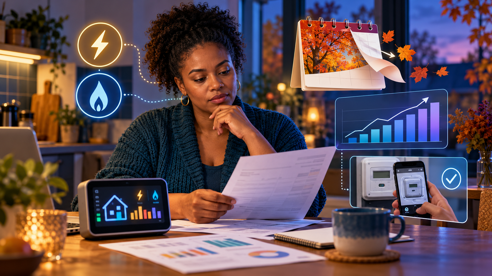 Conceptual AI illustration of a Black British woman checking an energy bill, smart meter, autumn calendar and gas and electricity usage before the October price-cap change