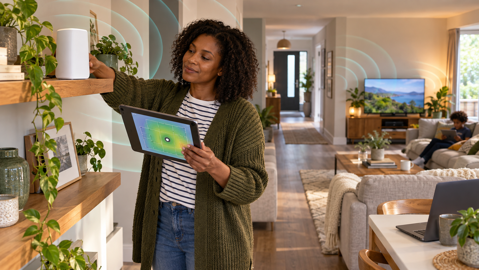 Conceptual AI illustration of a Black woman placing an unbranded Wi-Fi router on a central shelf while reviewing a generic home signal map on a tablet.