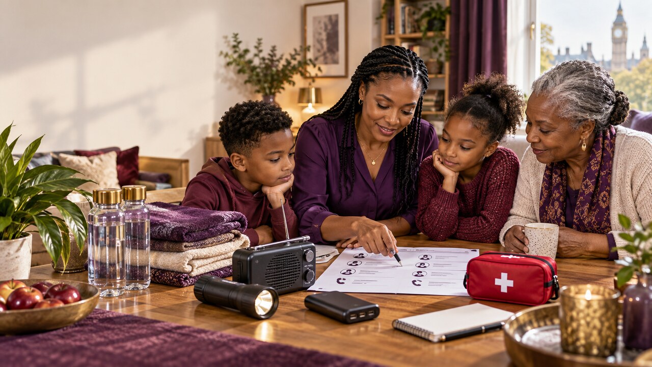 Conceptual AI illustration of a family calmly preparing a household emergency contact plan with a torch, radio and first-aid kit