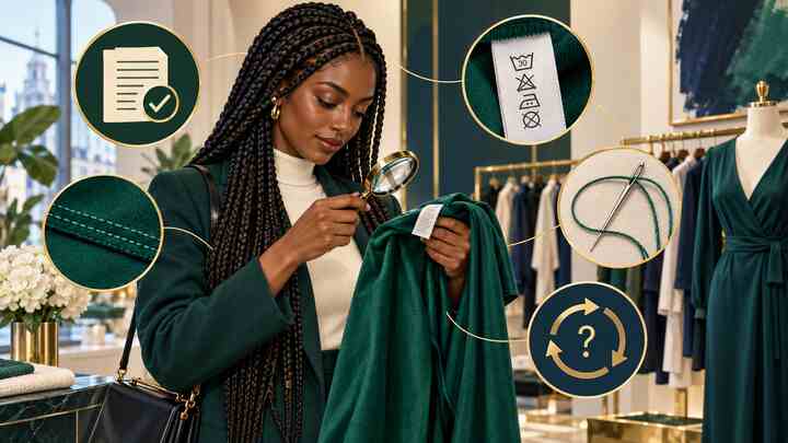 Conceptual AI illustration of a woman examining a garment label beside symbols for fibre content, durability, care, repair and environmental evidence.