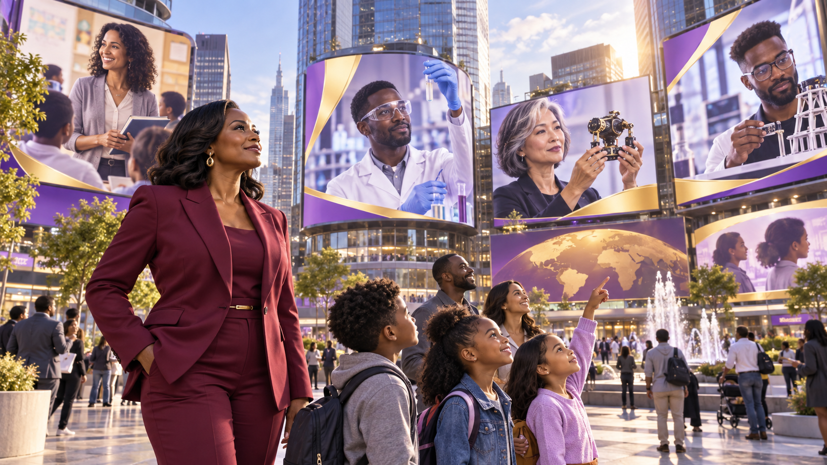 Black female CEO and children viewing city billboards that celebrate diverse teachers, scientists and inventors