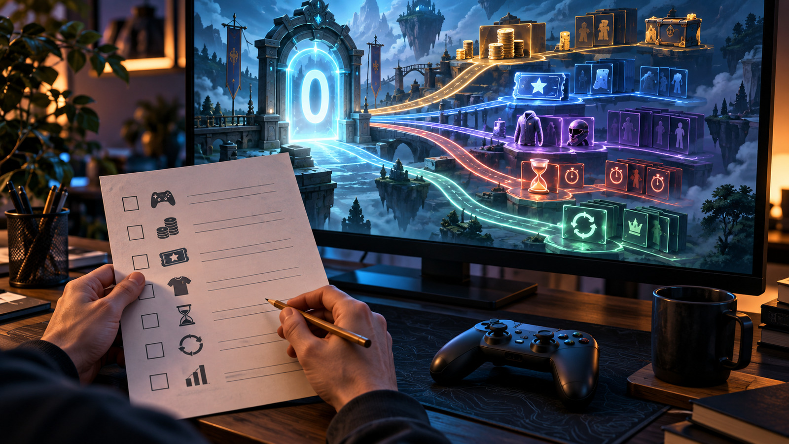 Conceptual AI illustration of an adult player using a budget checklist while a fictional game screen branches from a zero-price gate into currencies, passes, cosmetics and timers.