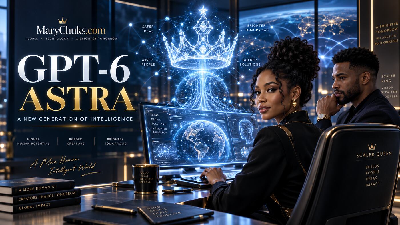 MaryChuks editorial illustration celebrating OpenAI GPT-6 Astra, showing the Scaler Queen and Scaler King beside a crowned holographic AI intelligence.