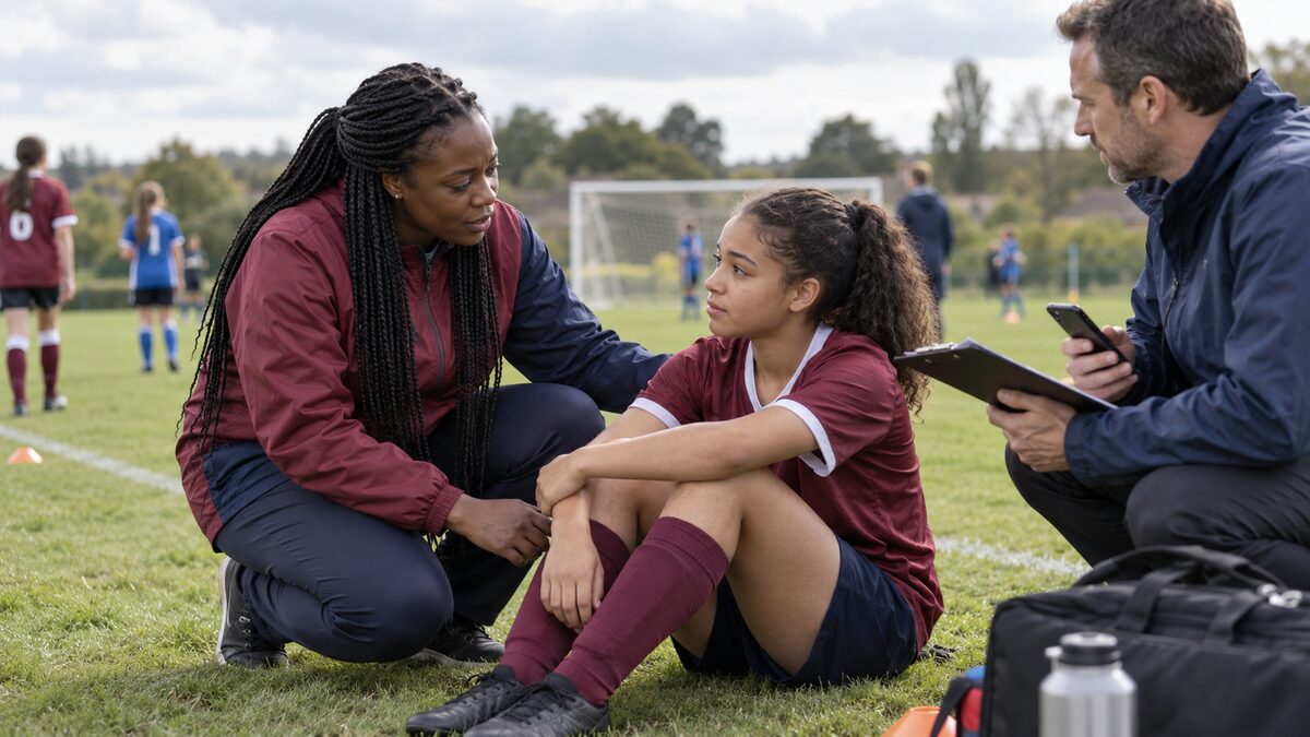 Conceptual AI illustration of a grassroots football coach supporting a seated player while another adult records the incident and prepares an emergency response.