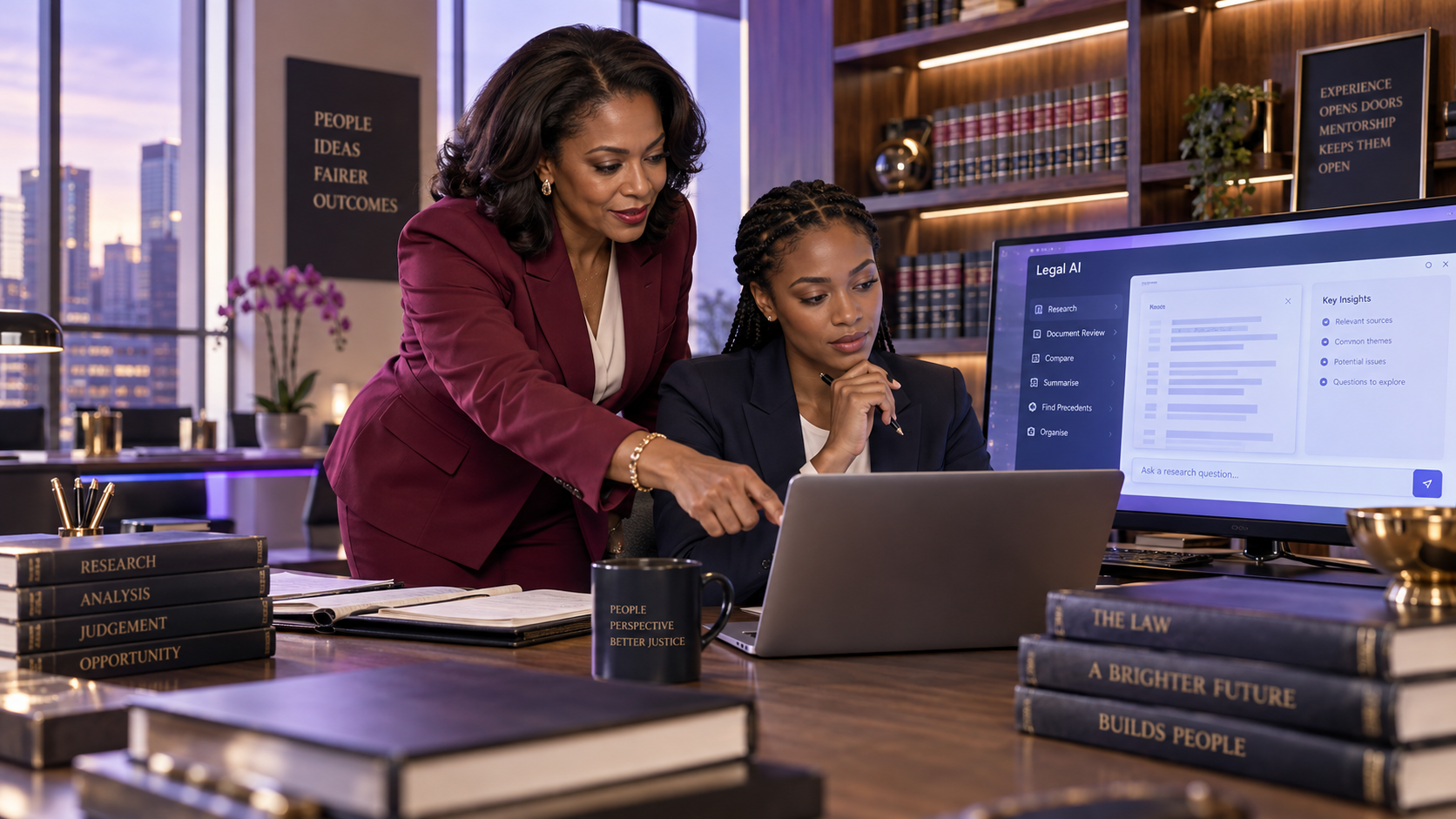 Black female senior lawyer mentoring a junior colleague while using a legal AI research and document-review system