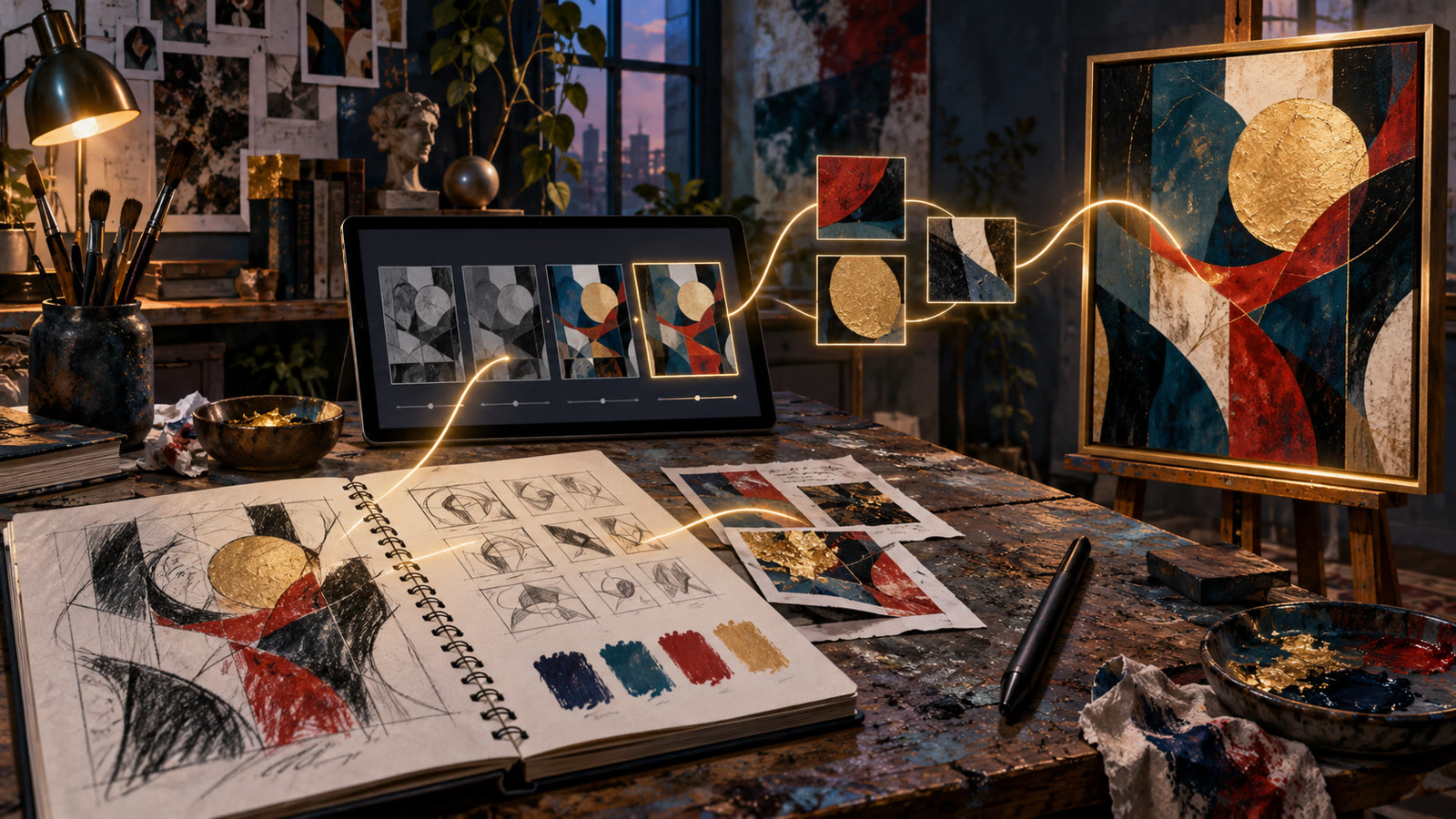 Conceptual AI illustration of a studio workflow linking sketches, selected digital iterations and a finished abstract artwork.