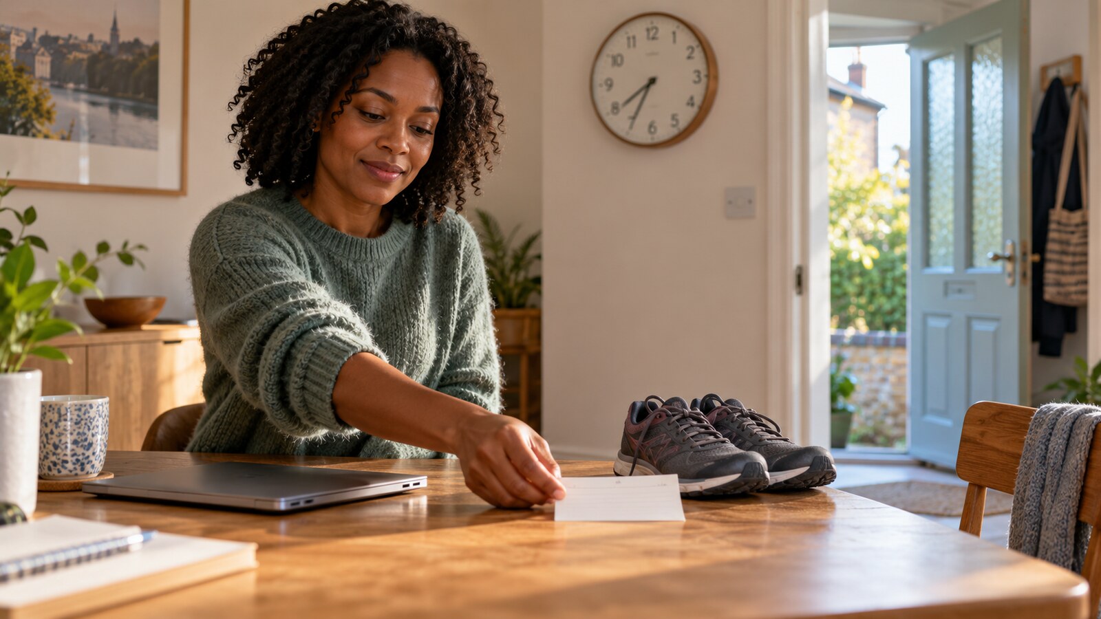 Conceptual AI illustration of a Black British woman placing a planning card beside running shoes and a closed laptop at a sunlit home table, with a clock and open door behind her.