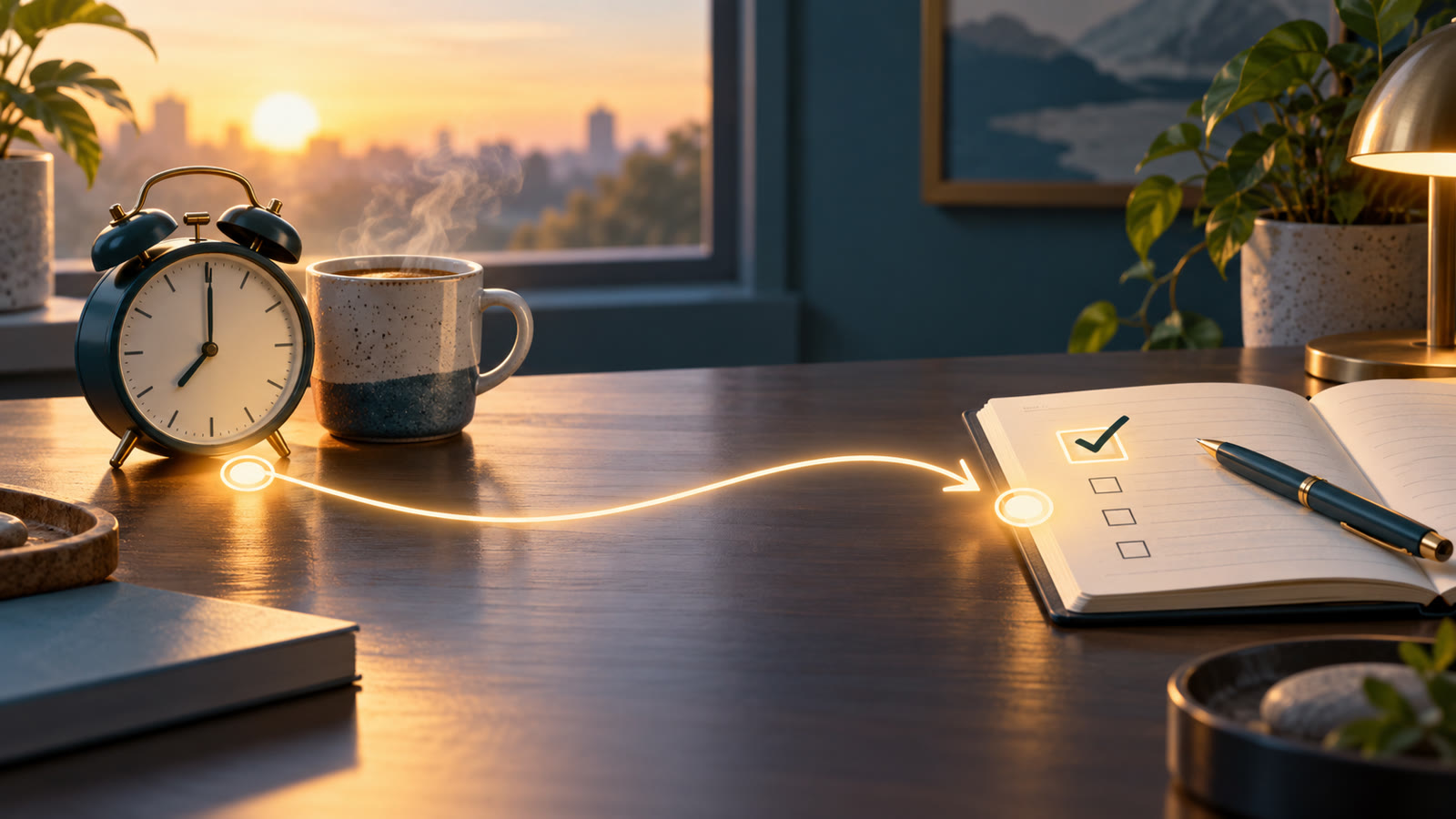 Conceptual AI illustration of an alarm clock and morning coffee connected by a glowing line to a checked task in an open notebook.