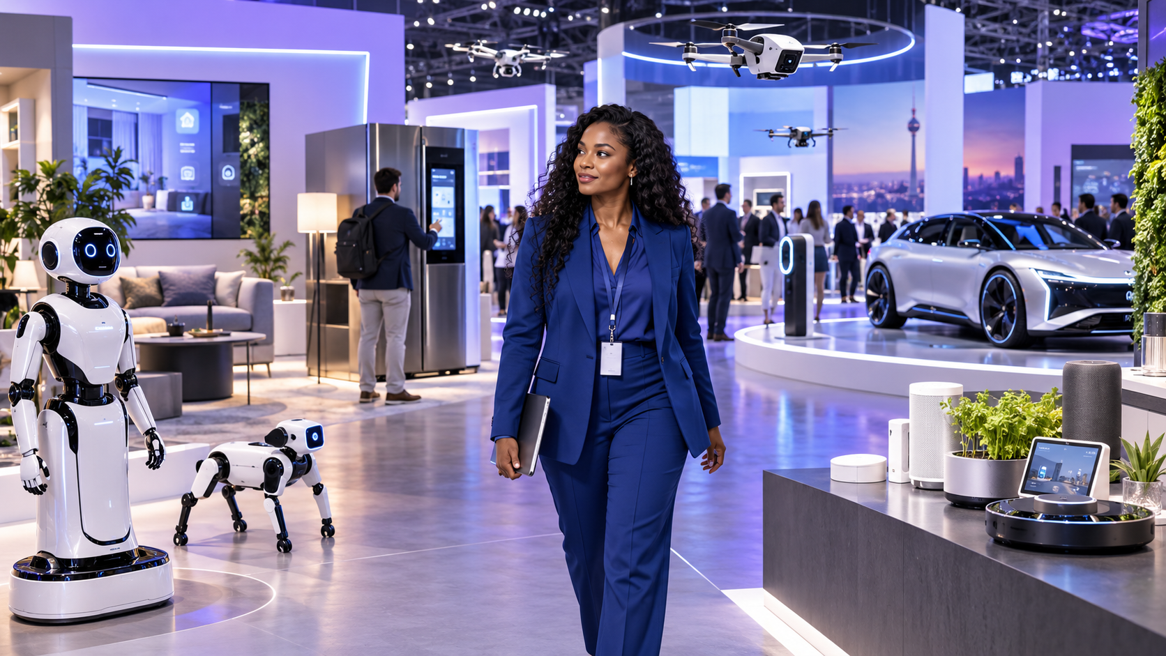 Black female technology analyst walking through a consumer technology exhibition with robots, smart appliances and future mobility