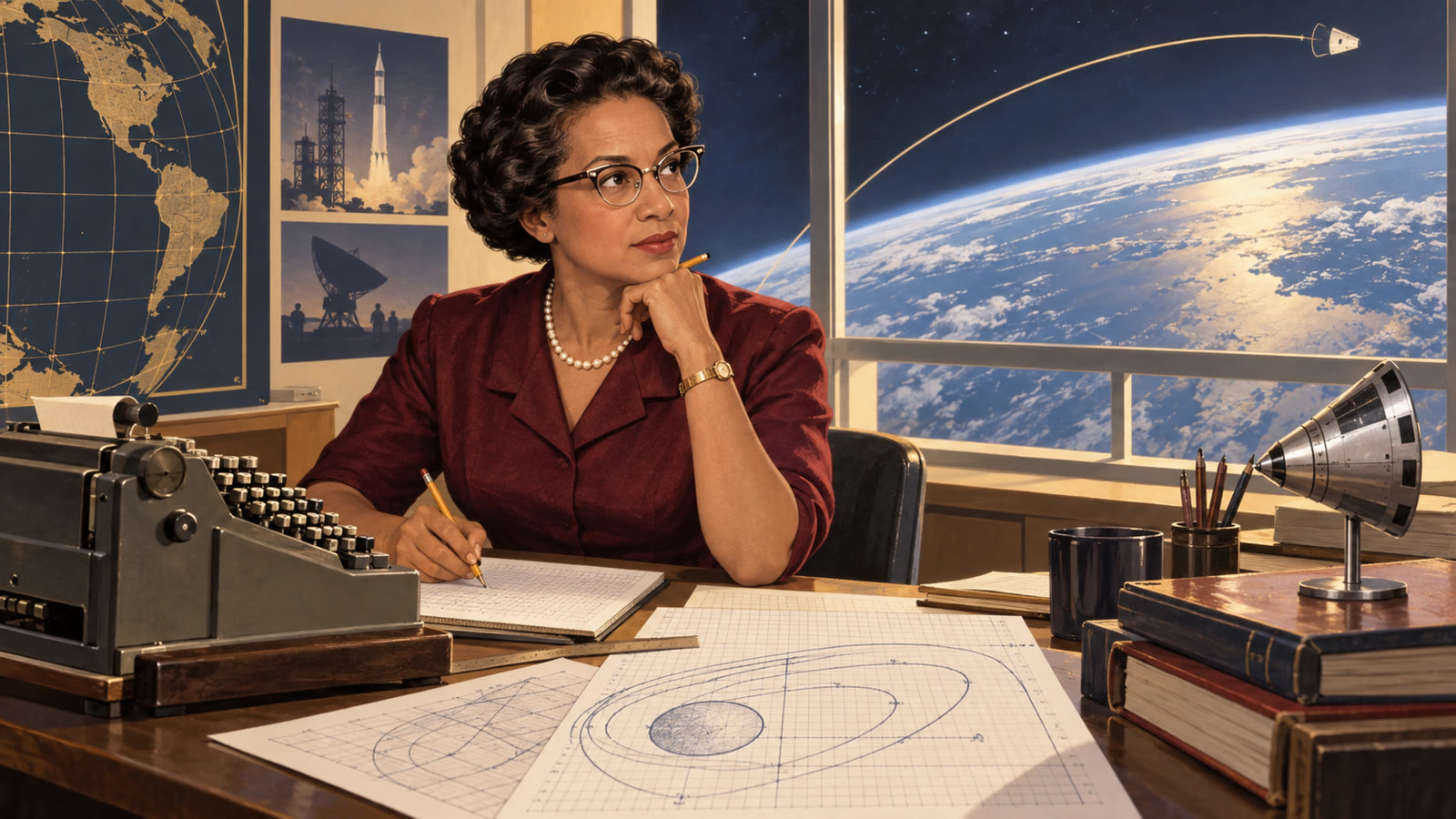 Conceptual editorial portrait of Katherine Johnson at a desk with a mechanical calculator, orbital diagrams and Earth beyond a window