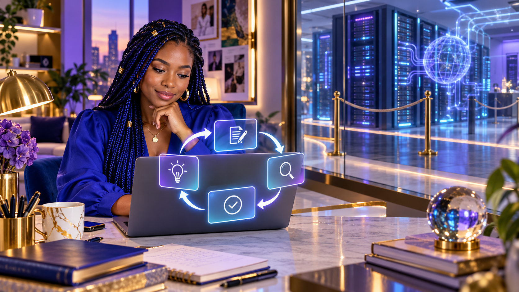 Black female creator using a recursive planning workflow in front of a distant protected AI engineering substrate