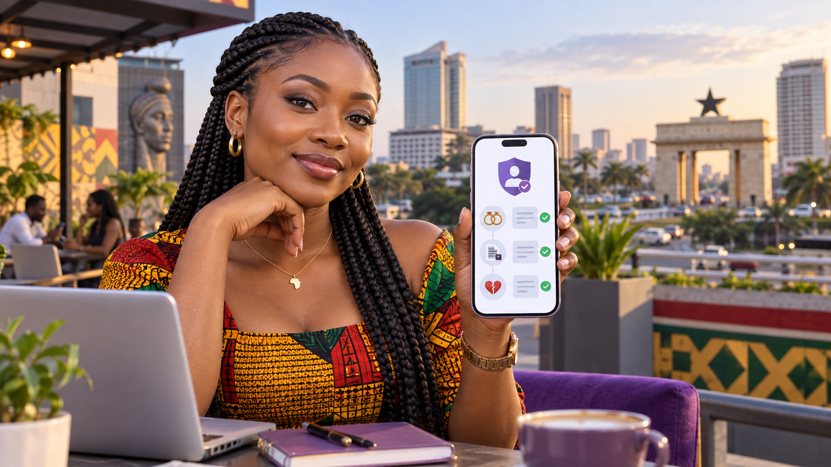 Ghanaian woman using a smartphone interface representing secure marriage and divorce record verification.