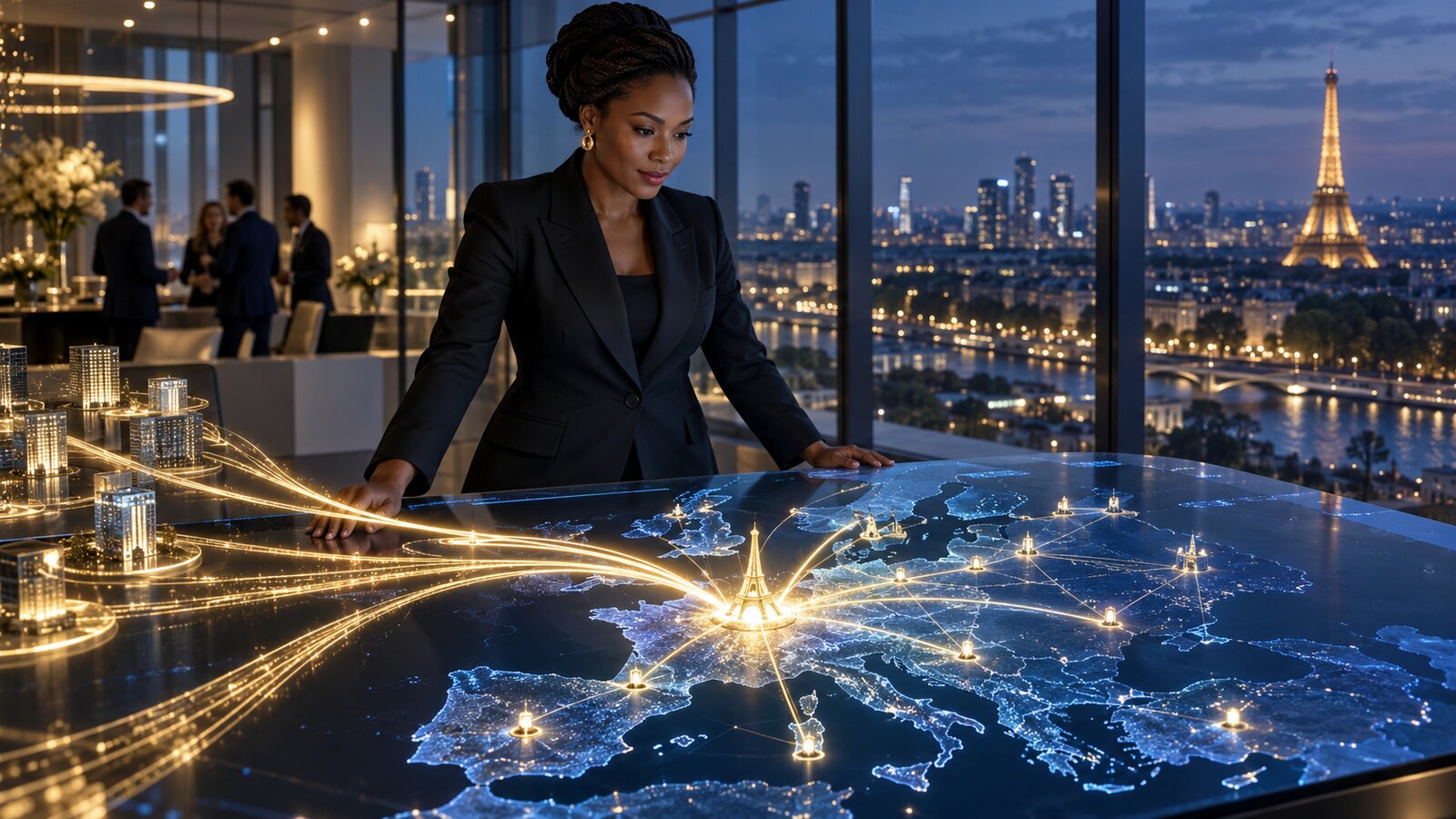 Black female technology executive examining an illuminated European AI investment network from a Paris boardroom