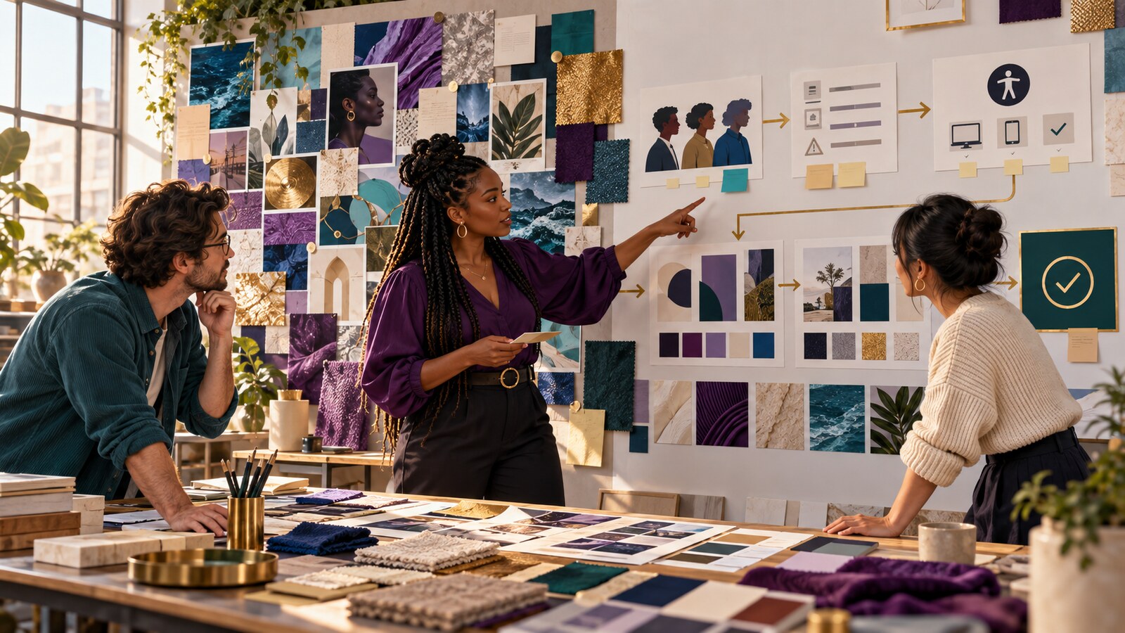 Conceptual AI-generated image of a diverse creative team turning a mood board into structured design criteria