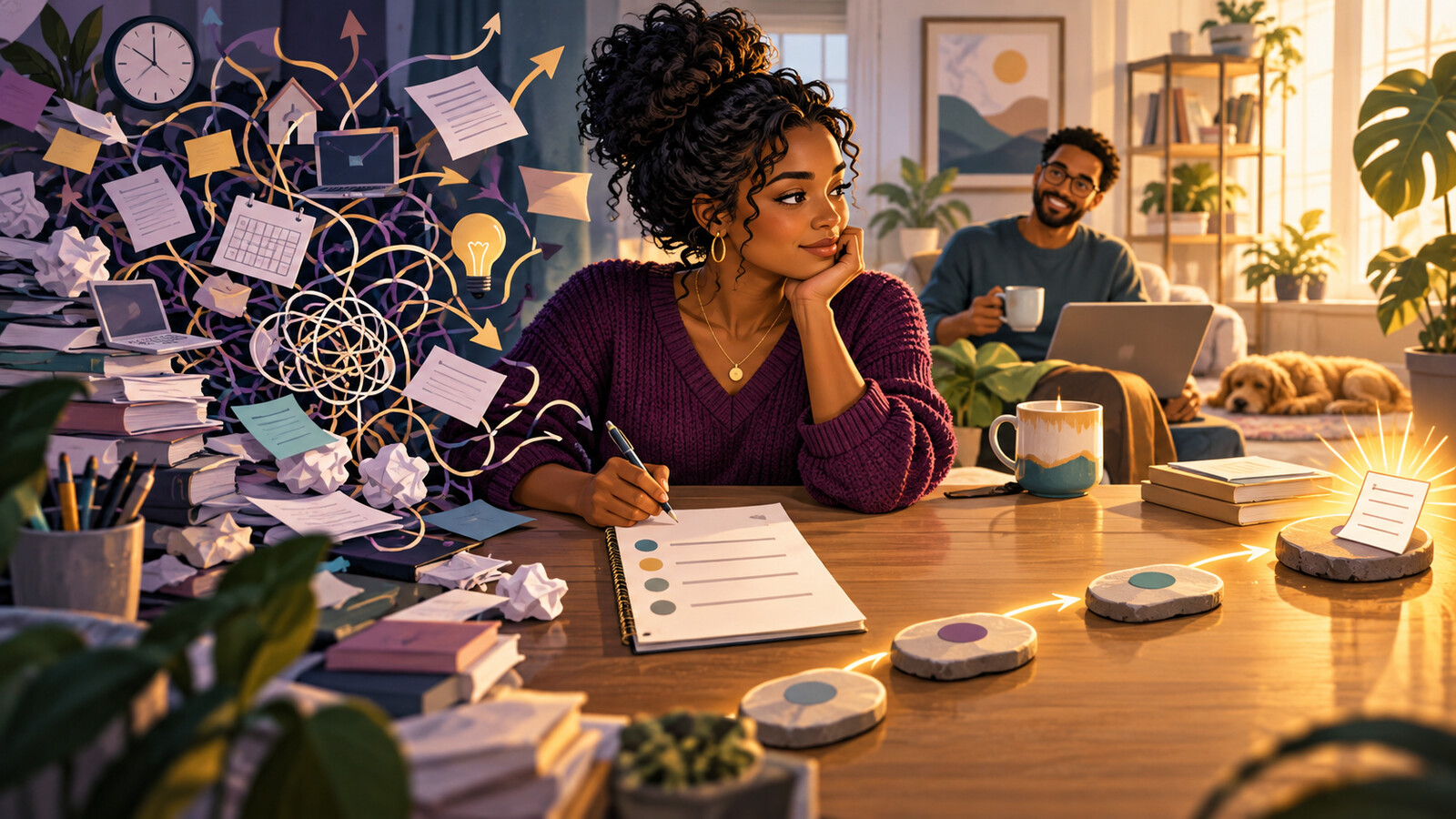 Conceptual AI illustration of a Black woman turning a tangled mass of tasks into a short sequence of manageable next steps