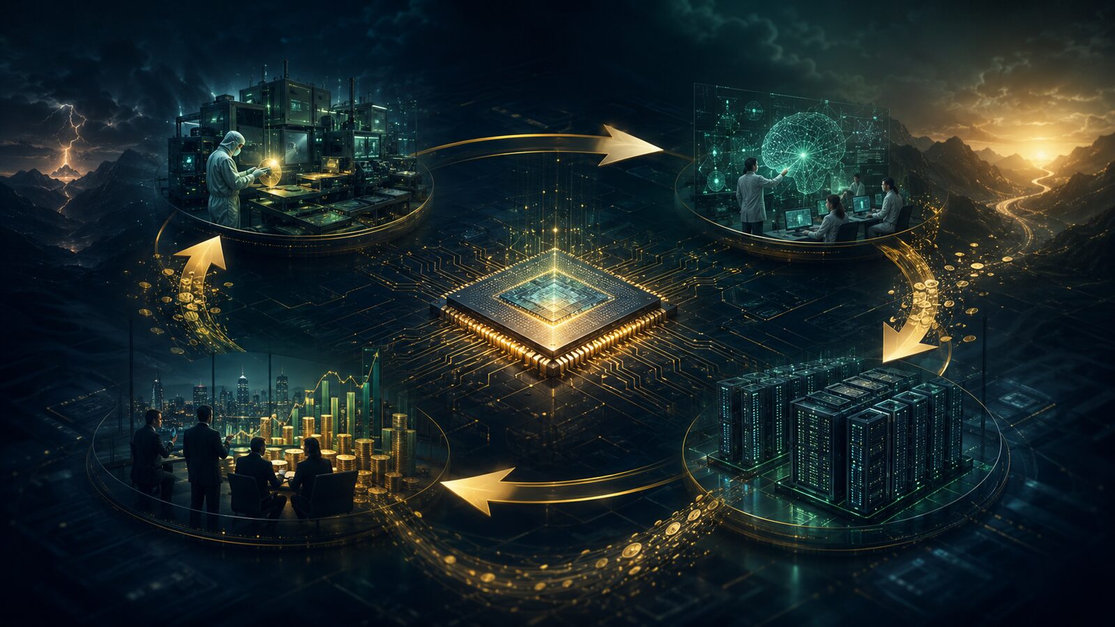 Advanced AI chip linking laboratories, investors and data centres in a circular capital network.
