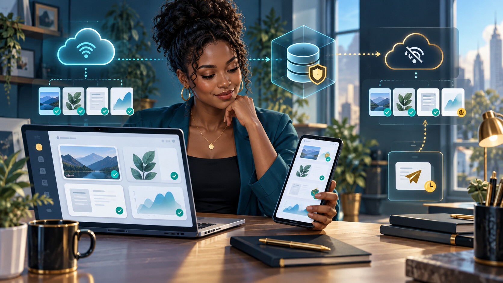 Conceptual illustration of a Black woman testing a web application on a laptop and phone as cloud connectivity changes to offline mode
