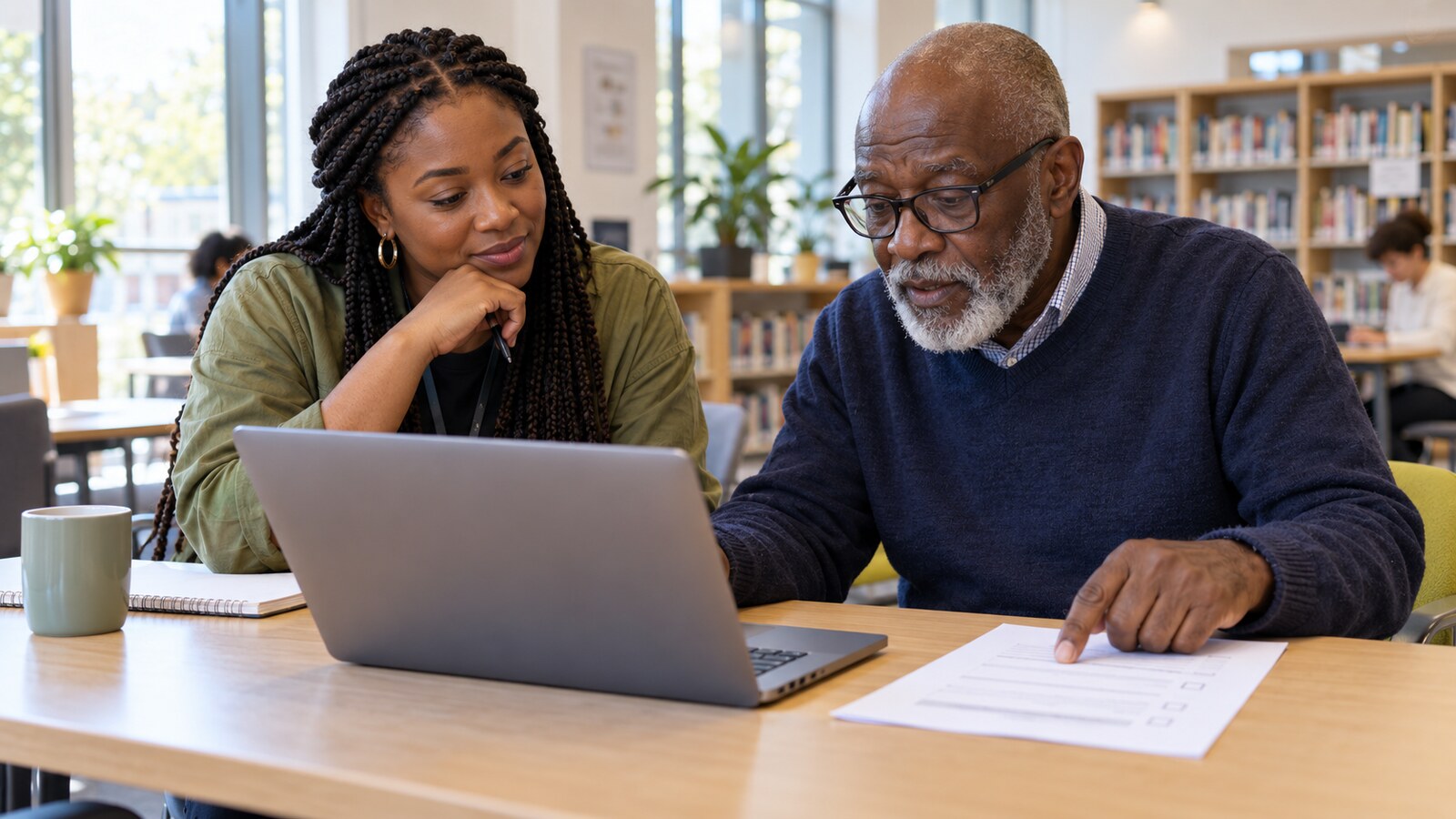 Conceptual AI illustration of a Black British female UX designer observing an older Black British man test an online form on a laptop in a bright community library.