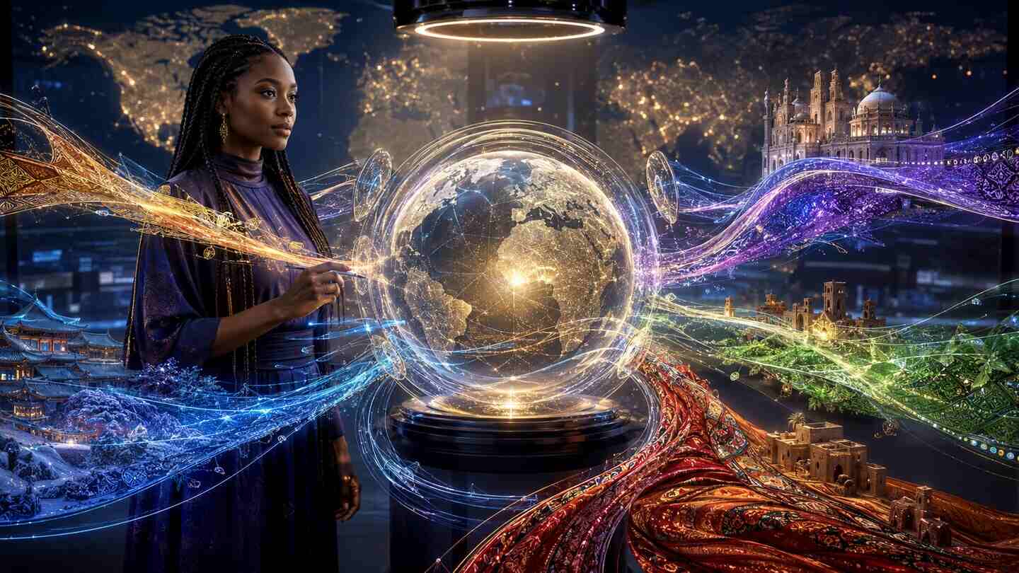 Black female AI researcher guiding one luminous planetary intelligence through multiple cultural lenses
