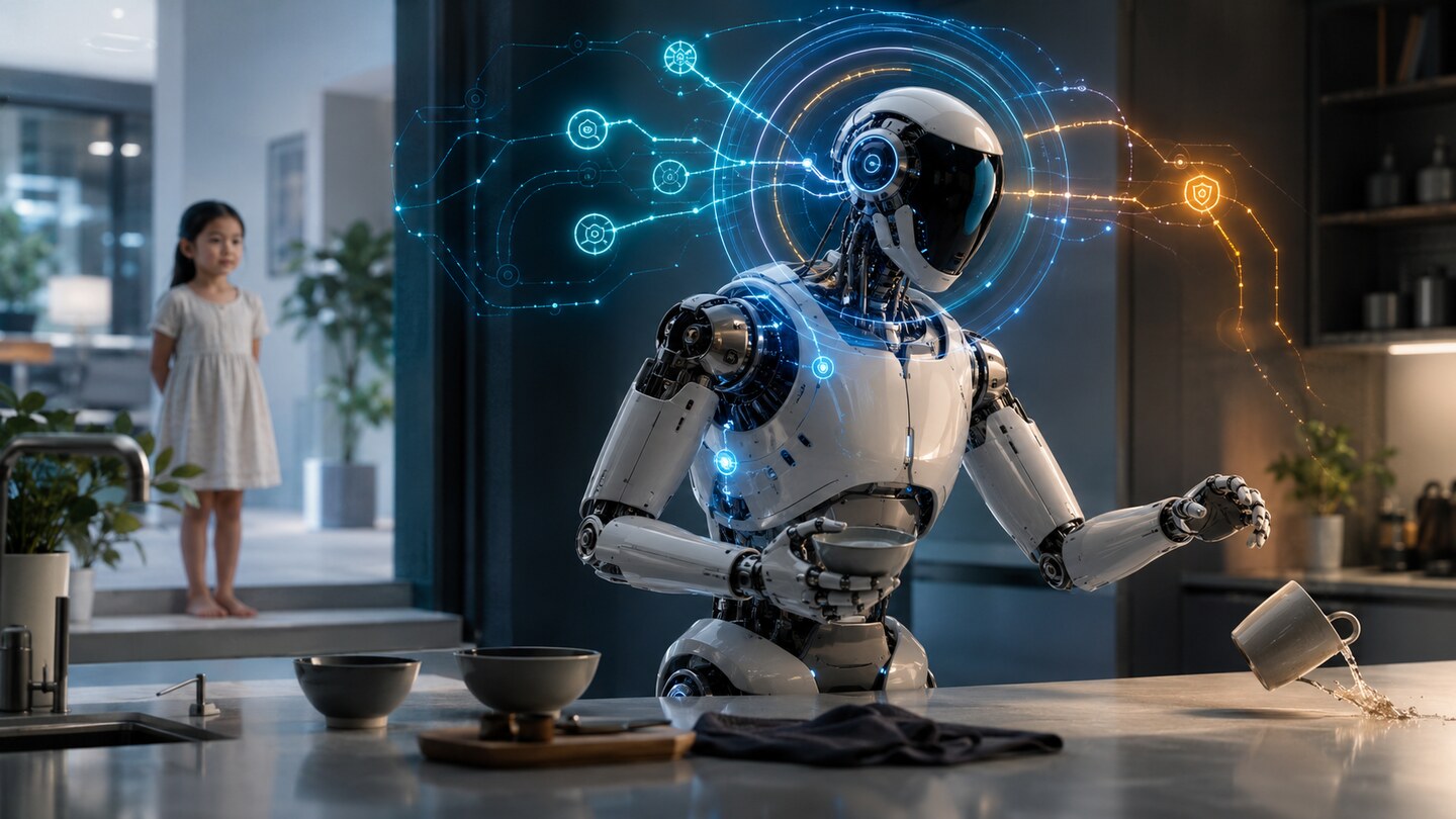 Humanoid robot in a modern home using blue primary cognition pathways and an amber backup safety pathway while responding to a falling cup