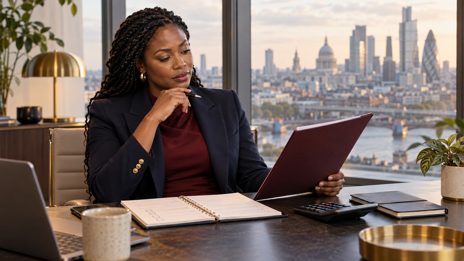 Conceptual AI illustration of a Black professional reviewing a promotion folder, checklist and calculator in a London office