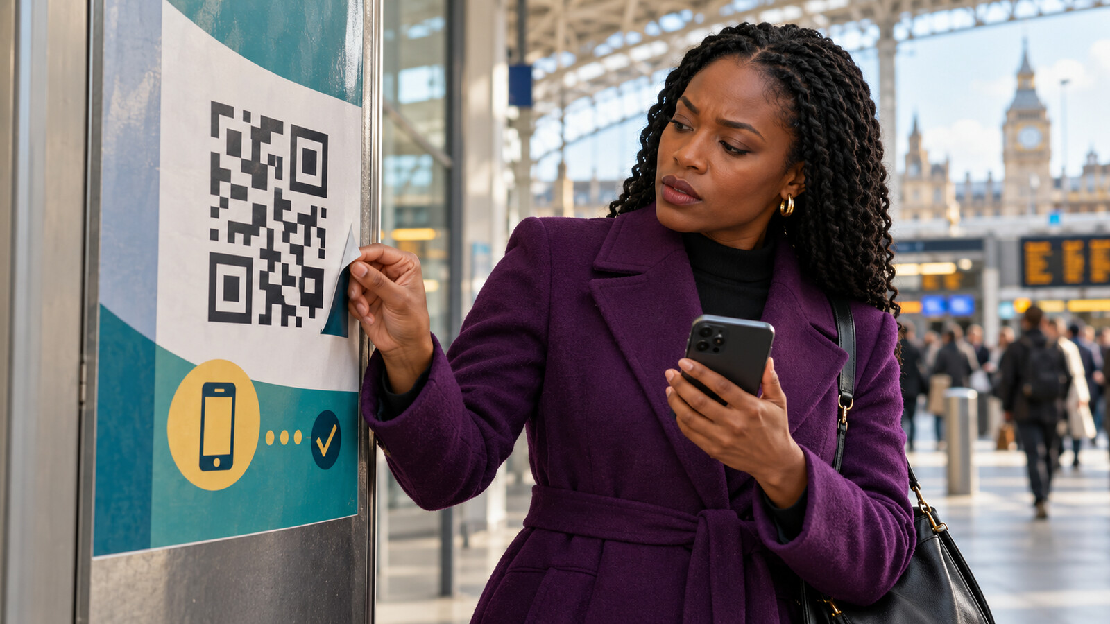 Conceptual AI illustration of a Black woman pausing to inspect a lifting QR-code sticker before using her phone.