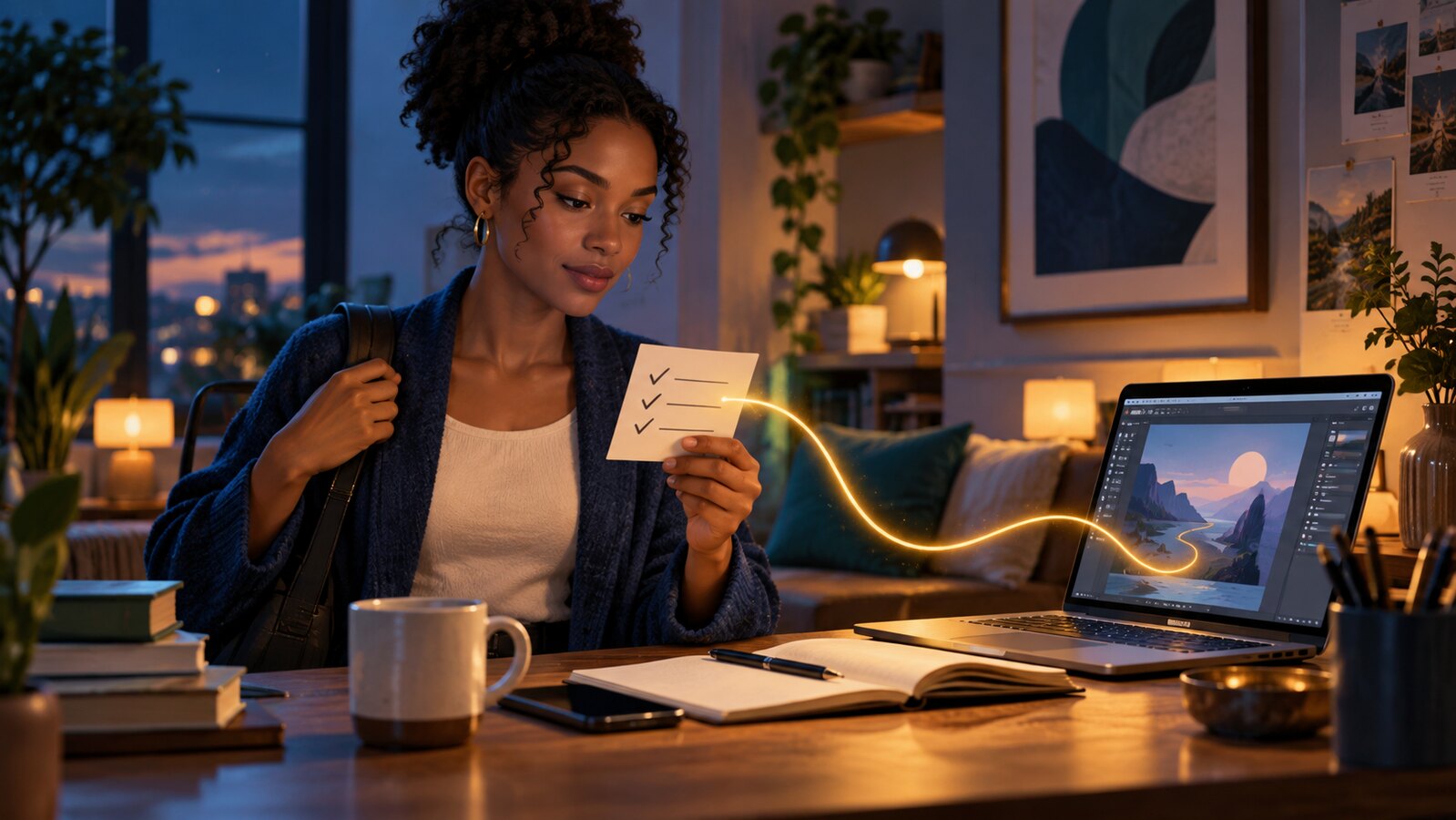 Conceptual AI illustration of a woman returning to a laptop and following a glowing line from a short restart note back into her creative project.