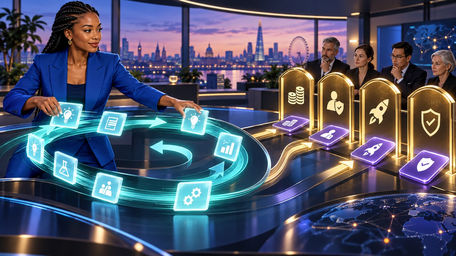 Conceptual AI illustration of a Black British founder directing reversible experiments through a fast loop while high-impact decisions pause at human review gates.