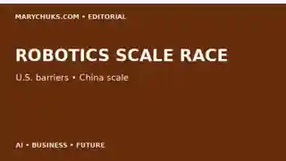 Editorial graphic about robotics manufacturing scale and global technology competition