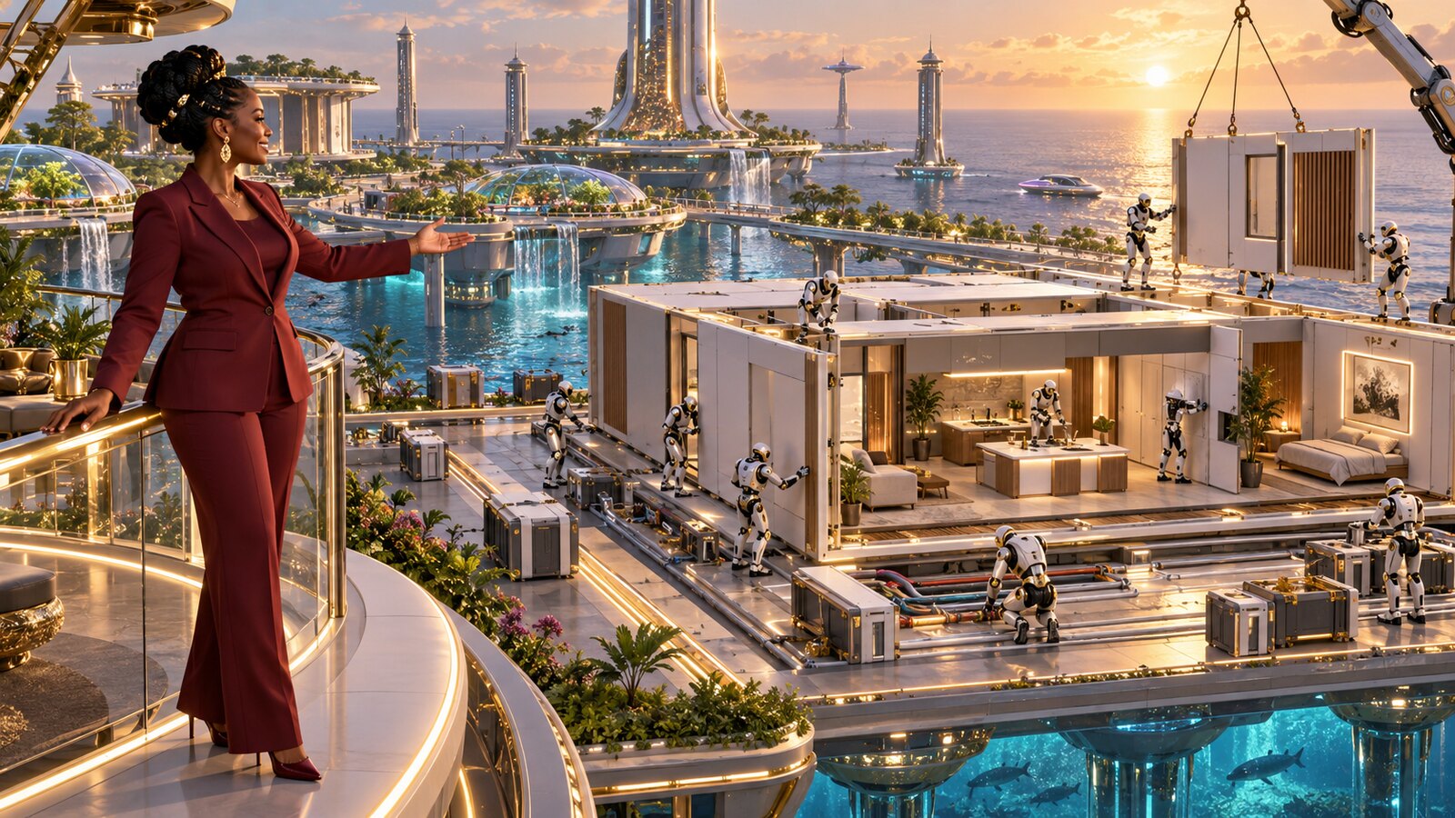 Scaler Queen presenting as humanoid builder robots assemble a modular home on an advanced offshore habitat