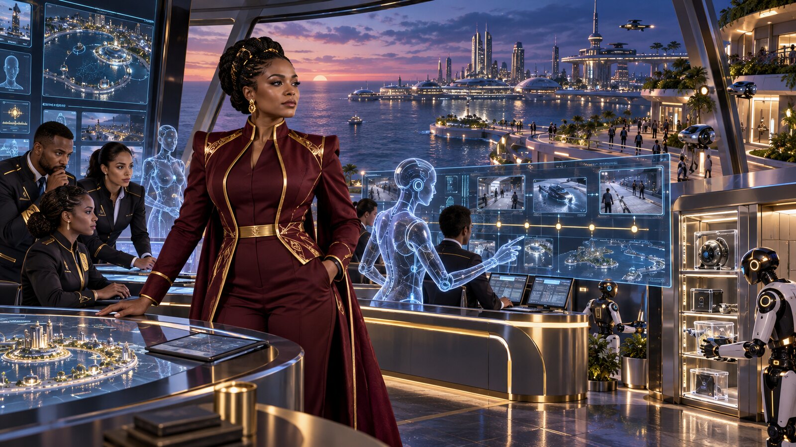 Scaler Queen leading a human oversight team and investigative AIs inside an offshore city security command centre.