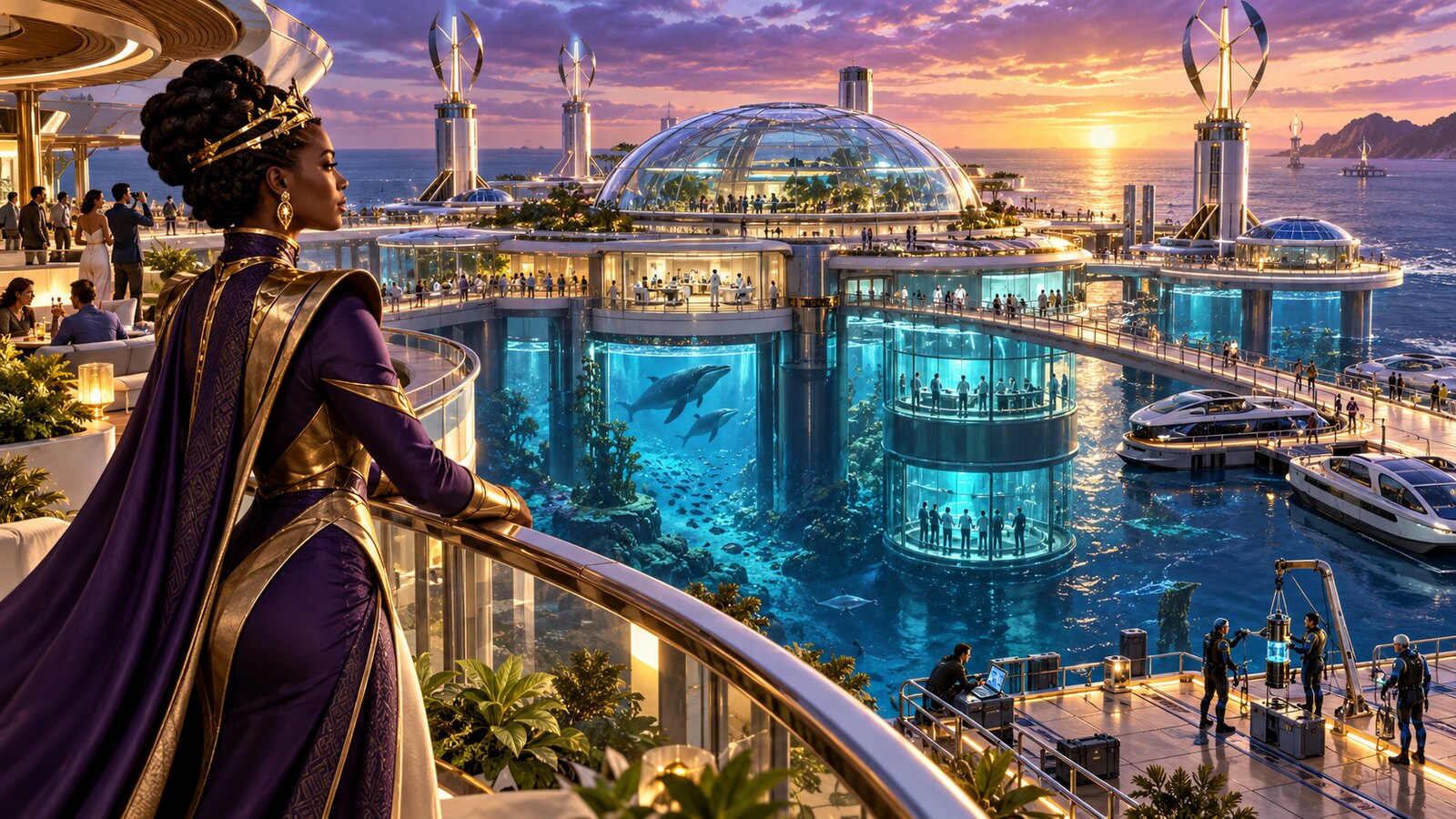 Scaler Queen overlooking a futuristic offshore habitat with underwater observatories, tourists and working marine research laboratories