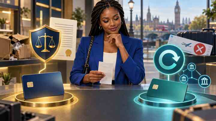 Conceptual AI illustration of a woman comparing a credit card with a legal shield and a debit card with a refund arrow after a purchase problem.
