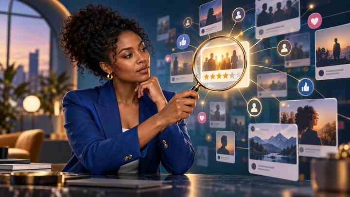 Conceptual AI illustration of a woman using a magnifying glass to examine review stars, engagement icons and crowd signals in an abstract online feed.