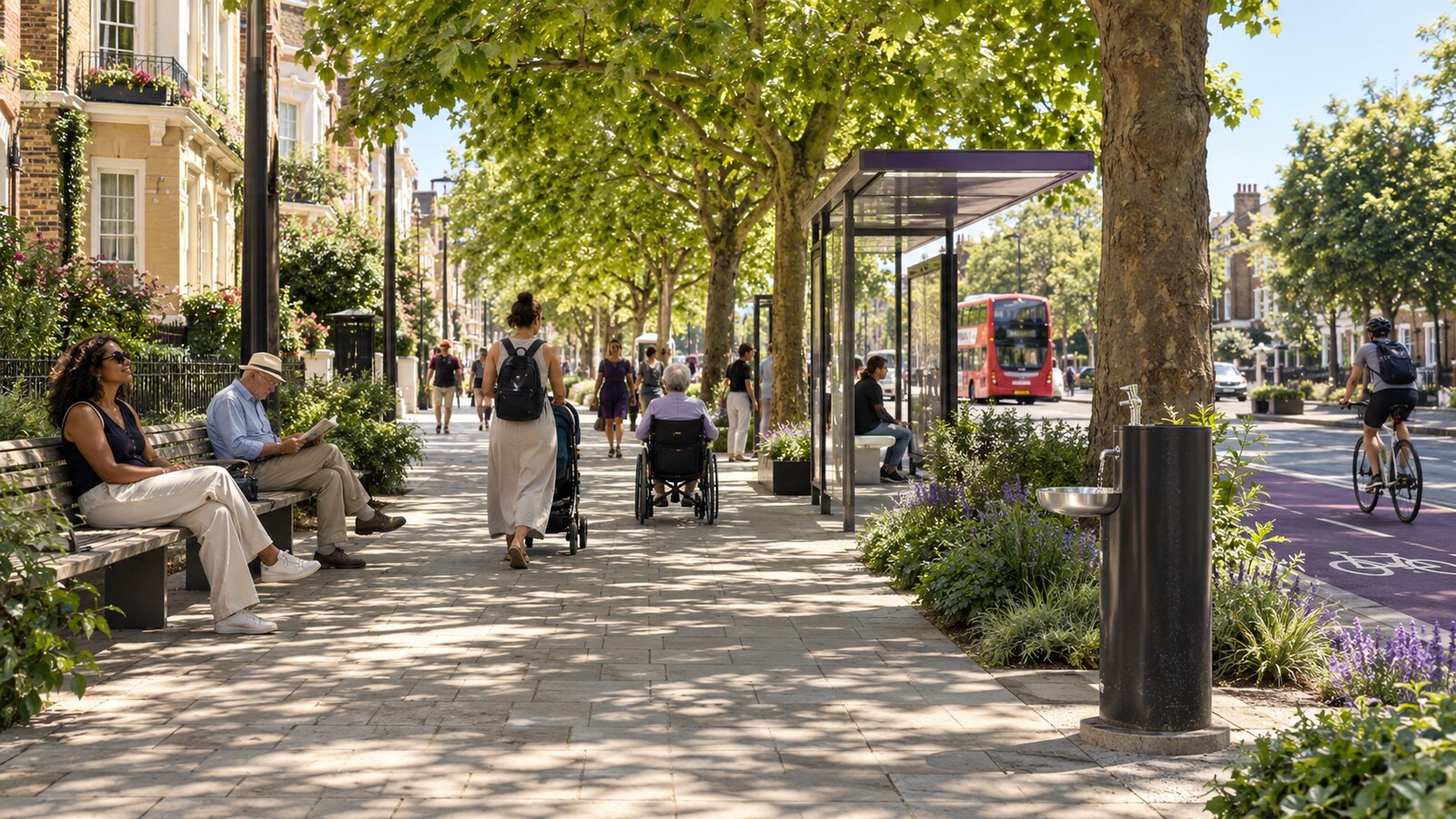 A tree-lined London street with shaded benches, a bus shelter, drinking-water point, cyclists, families and a wheelchair user on a hot summer day.