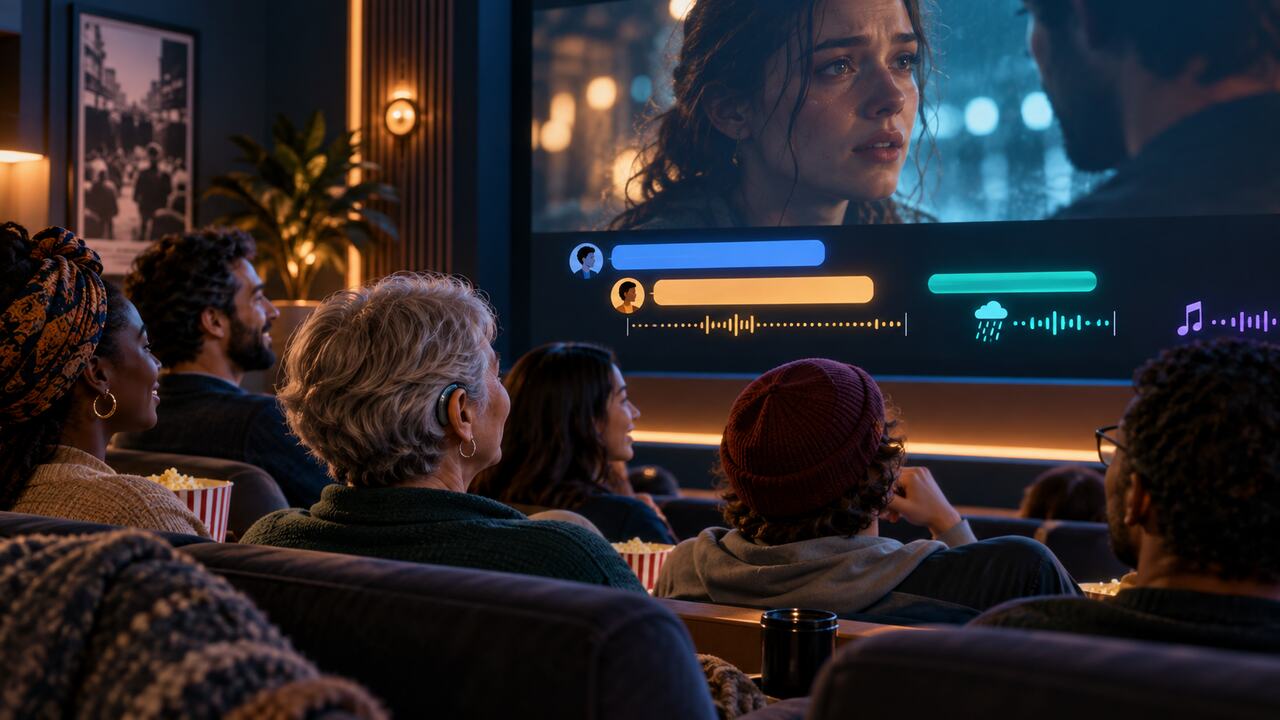 Conceptual AI illustration of a diverse audience watching a film with abstract caption bars and sound cues below the screen