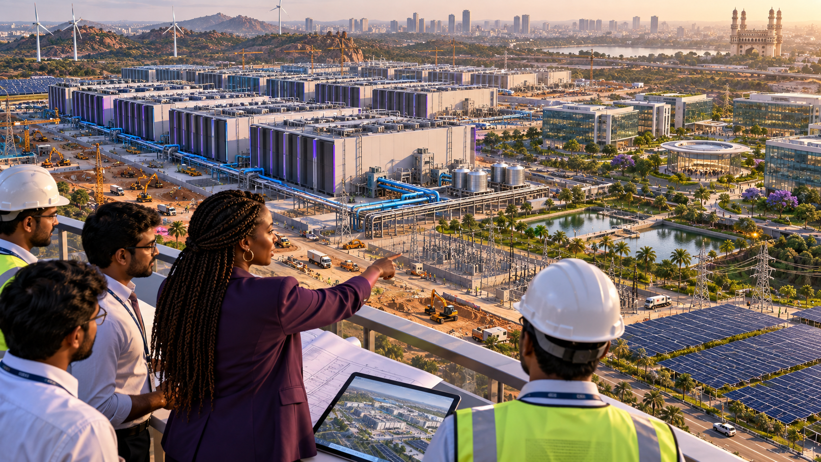 Black female infrastructure strategist and Indian engineers surveying a large planned AI data-centre campus in Hyderabad