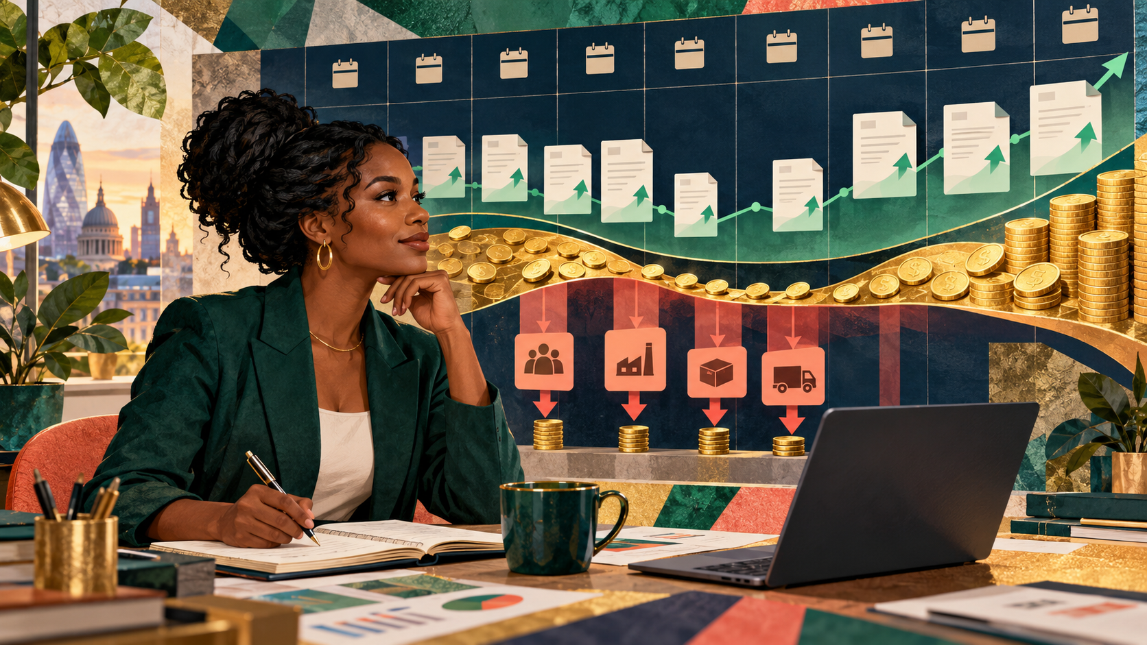 Conceptual AI illustration of a Black woman entrepreneur studying a thirteen-week cash-flow plan with invoices, payroll, suppliers and changing cash reserves.