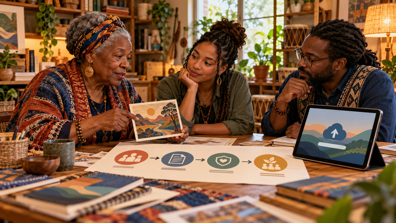 Conceptual AI illustration of an older storyteller, younger creator and community representative reviewing a story card, permission pathway and online sharing plan together.