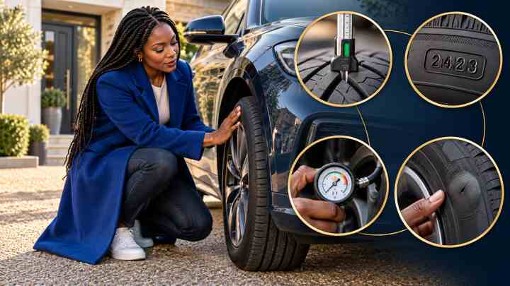 Conceptual AI illustration of a woman inspecting a car tyre, with inset views of tread depth, a sidewall date code, tyre pressure and surface damage.