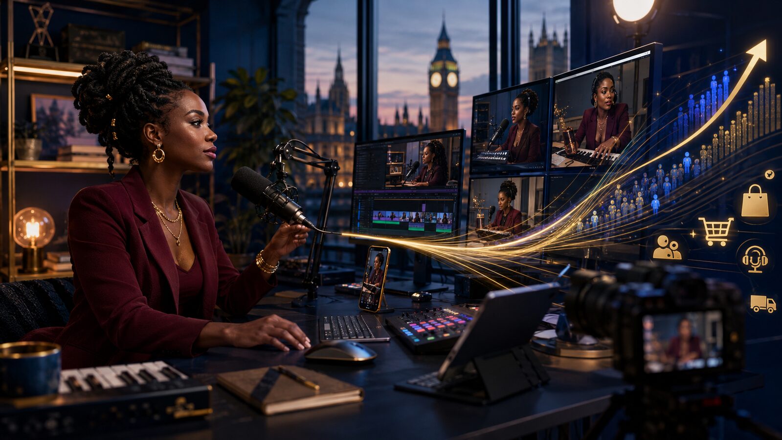 Black female creator producing video, music and commerce content in a professional London studio.