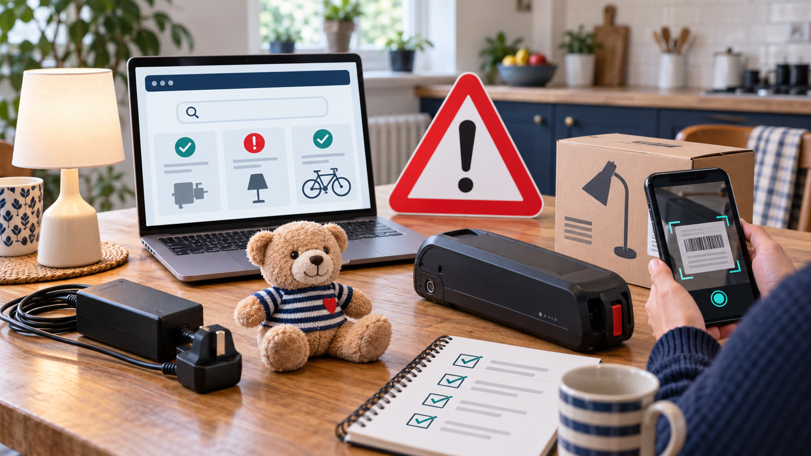 Conceptual illustration of a shopper checking a product label beside a laptop, charger, lamp, toy, battery and safety warning symbol