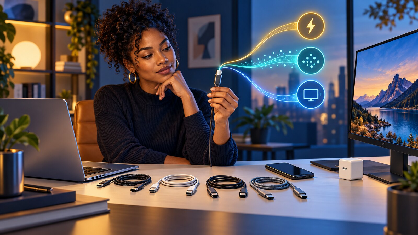 Conceptual AI illustration of a woman comparing USB-C cables beside a laptop, phone, charger and monitor, with symbols for power, data and display.